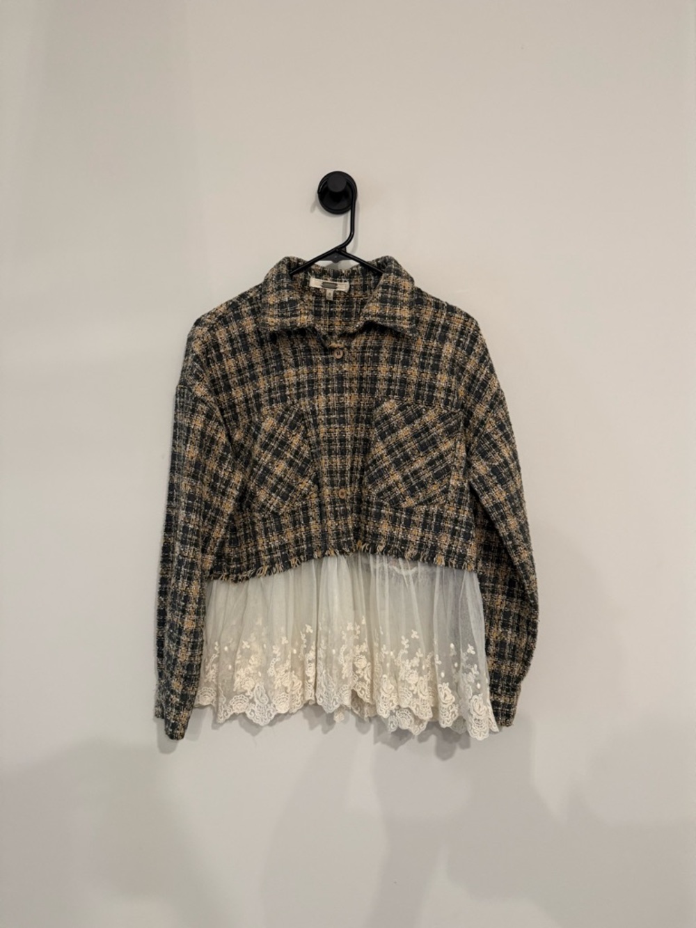 Plaid Jacket with Lace Trim - Black & Cream